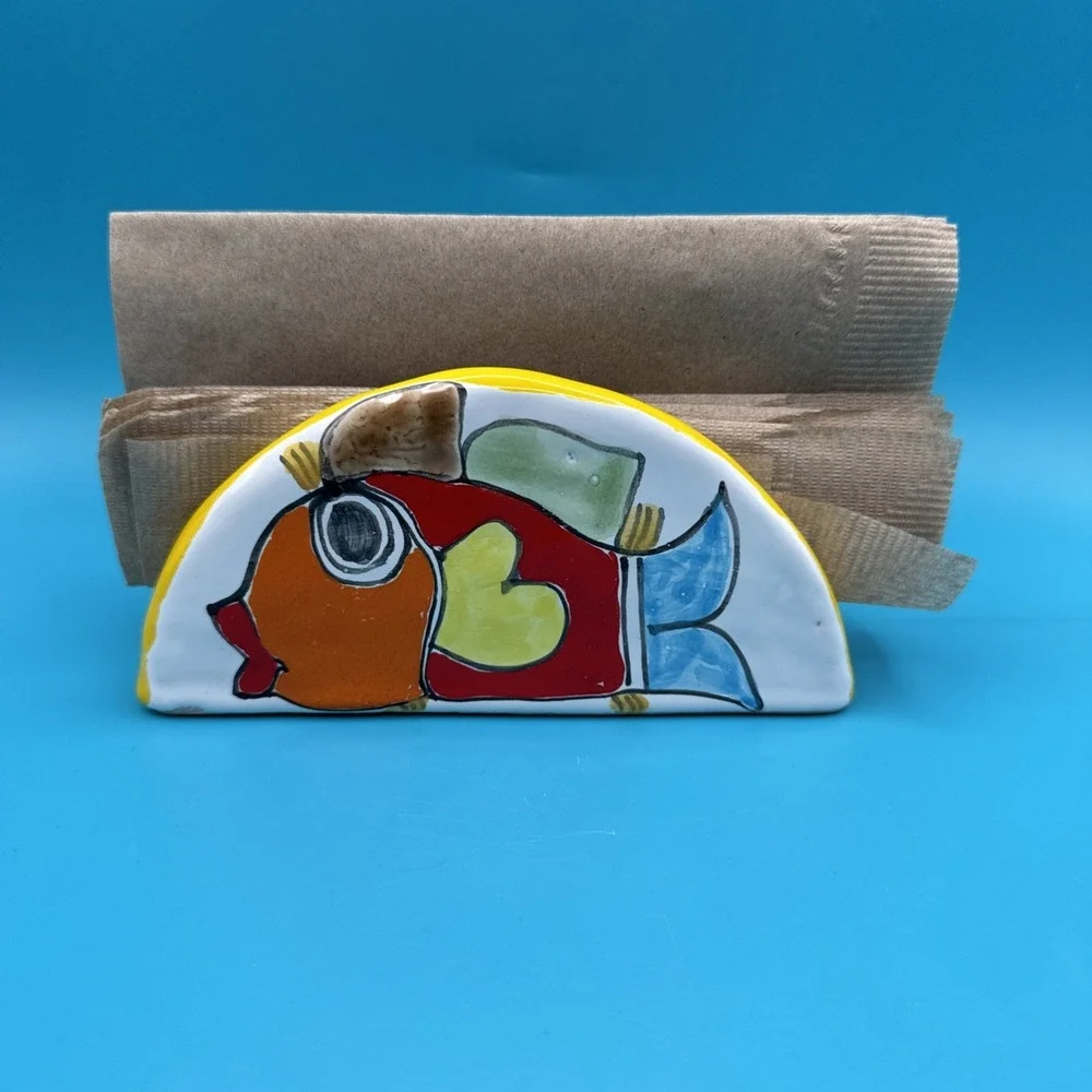 Nino Parrucca Napkin Holder or Letter Holder w Fish Art Pottery Made In Italy‎